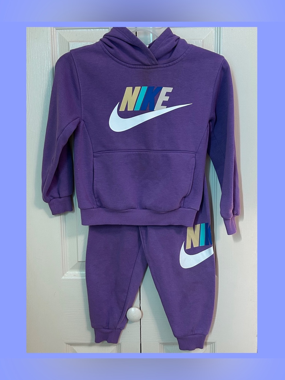 Nike Kids Purple Hoodie and Jogger Set with Multicolor Logo